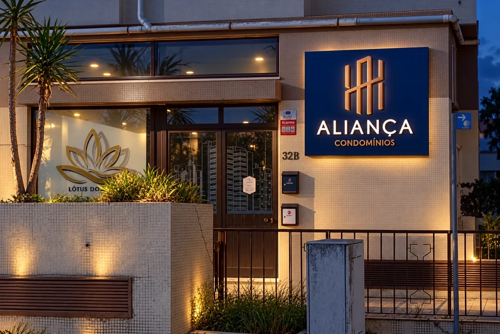 Aliança Condomínios — reclamo com acabamento cobre e iluminação noturna