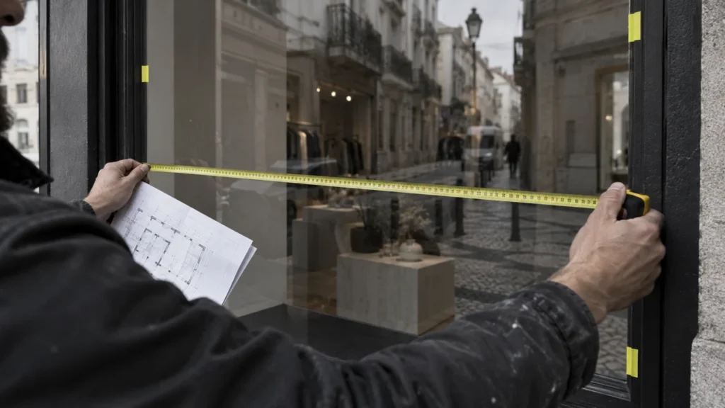 Imagem ilustrativa: levantamento das medidas de uma montra antes da decoração.